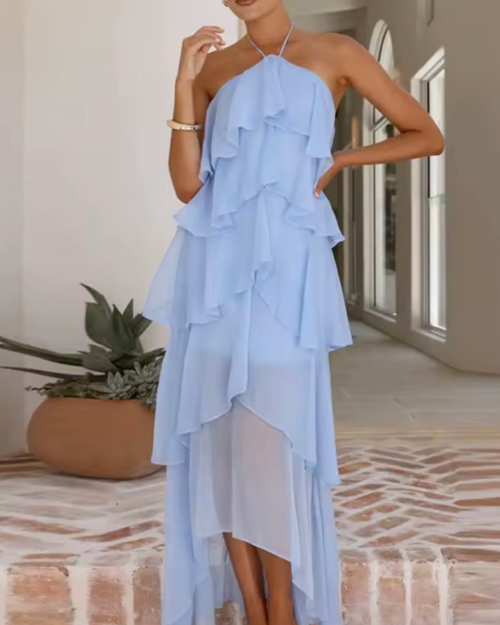 Layered Ruffle Halter High-Low Dress