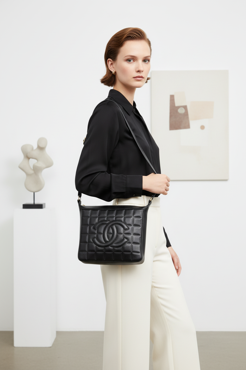 Chanel is CC Semi-Shoulder Bag Black Leather Gold Hardware Previously Owned Authentic