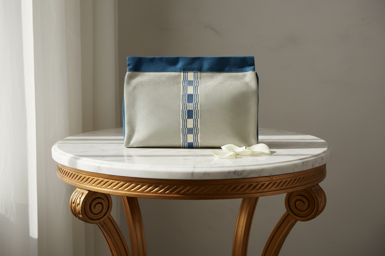 Hermès Jimetoux GM Canvas Travel Pouch Blue Ivory – Previously Owned Good Condition | L’LUXE Authentic’s