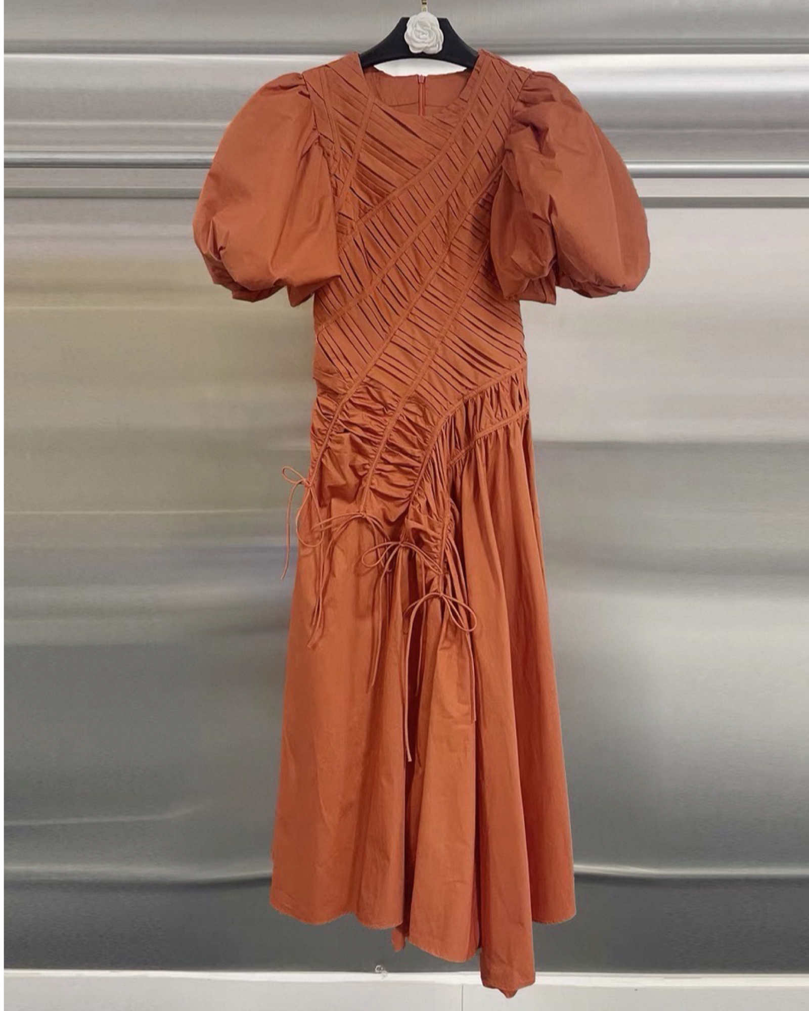 Sculpted Pleat Puff-Sleeve Asymmetric Midi Dress