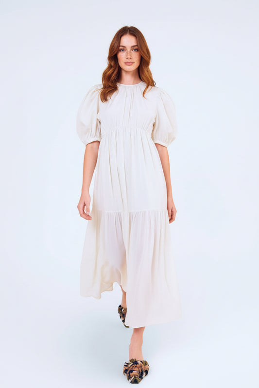 Apricot White Puff Sleeve Pleat Midi Dress – Soft Gathered Waist | L’LUXE Luxury Edit