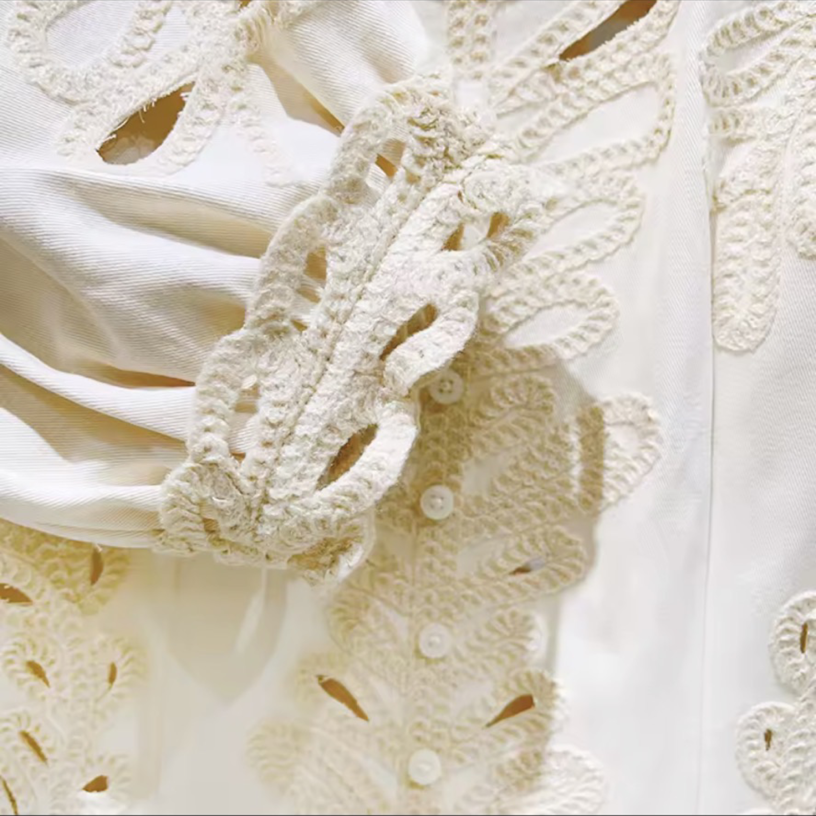 Ivory Embroidered Puff Sleeve Mini Dress – Cotton Blend A-Line O-Neck Dress