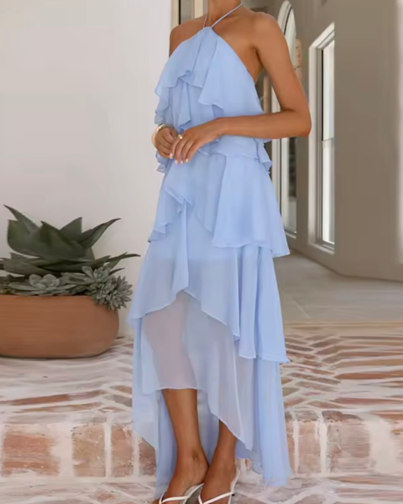 Layered Ruffle Halter High-Low Dress