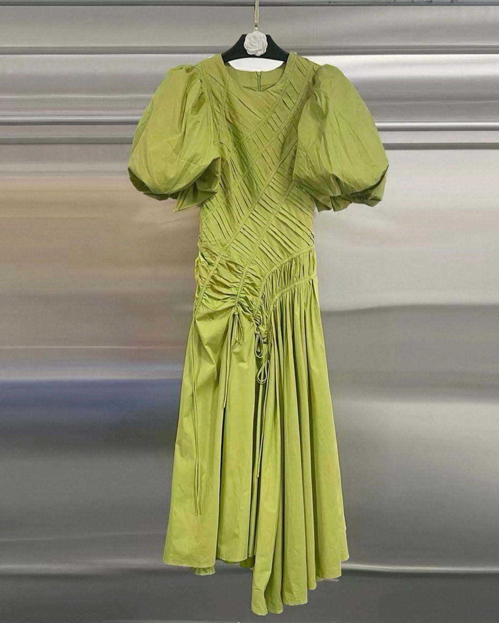 Sculpted Pleat Puff-Sleeve Asymmetric Midi Dress