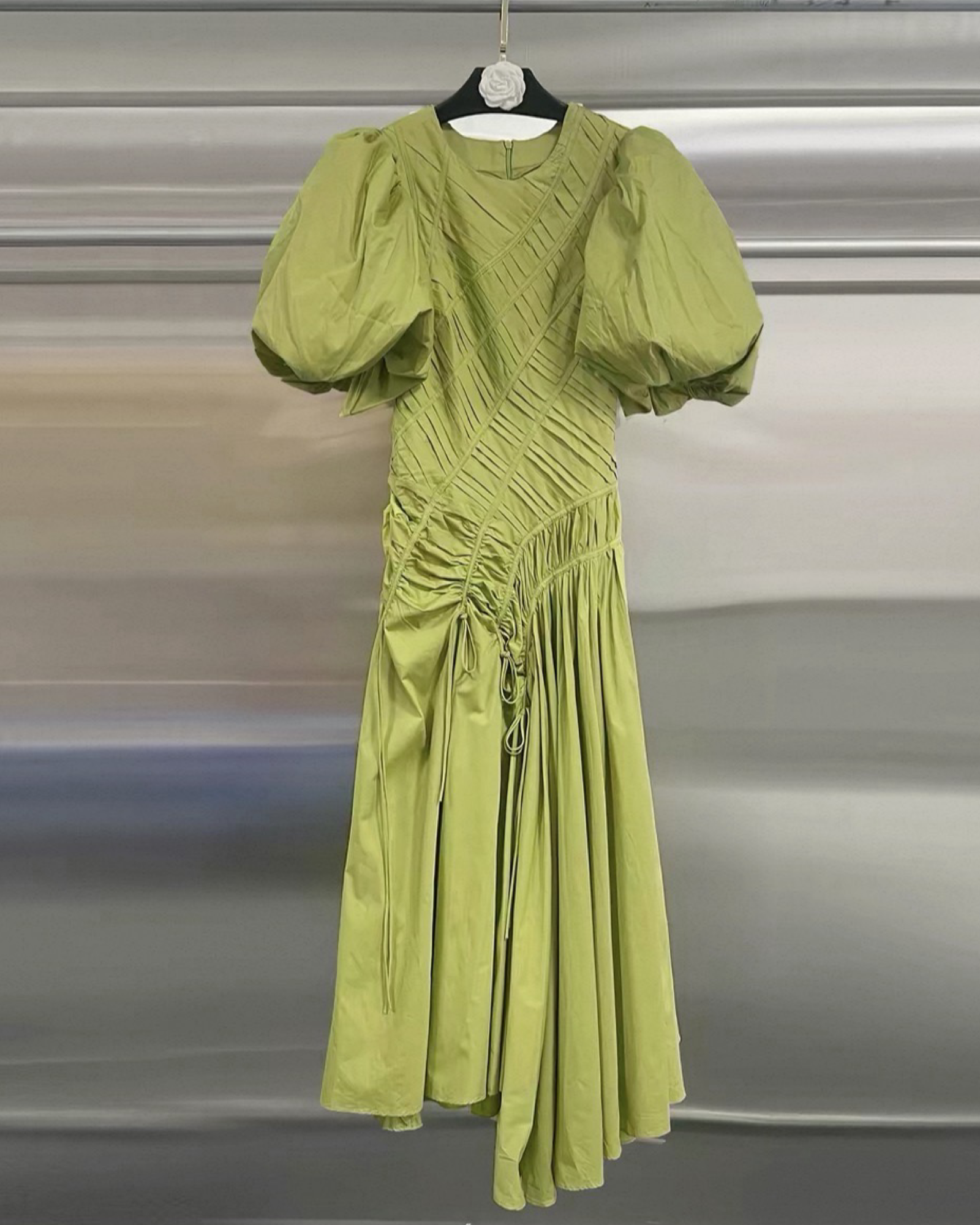 Sculpted Pleat Puff-Sleeve Asymmetric Midi Dress