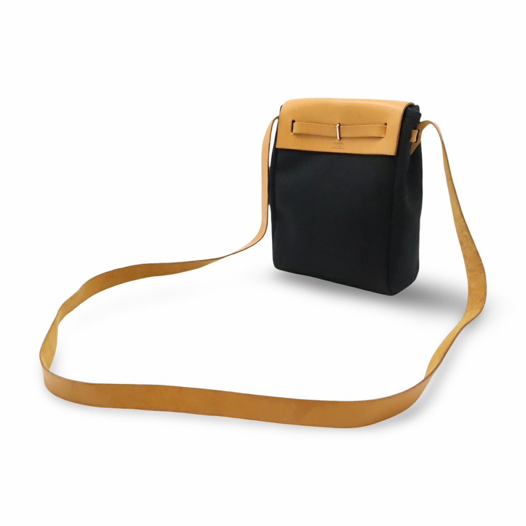 Hermès Toile Officier TPM Shoulder Bag Leather Black Natural Previously Owned Authentic