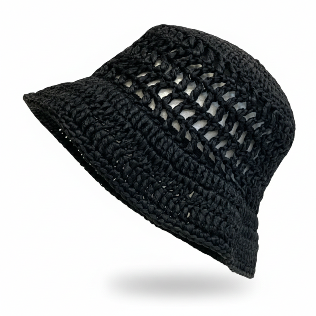 Prada Crochet Bucket Hat Black Logo Previously Owned Authentic