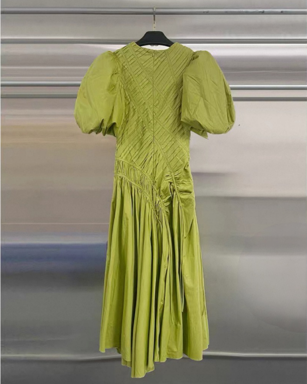 Sculpted Pleat Puff-Sleeve Asymmetric Midi Dress