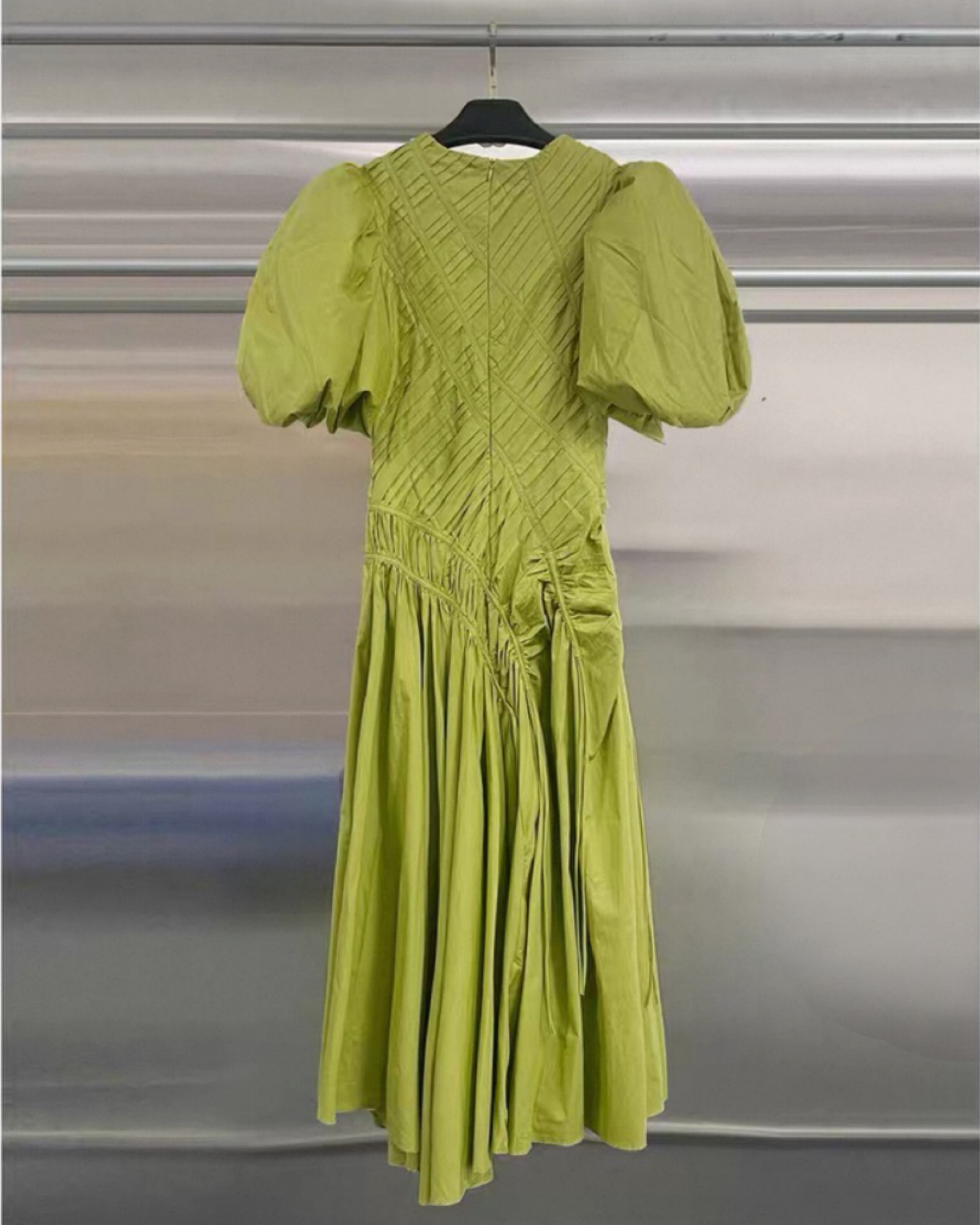 Sculpted Pleat Puff-Sleeve Asymmetric Midi Dress