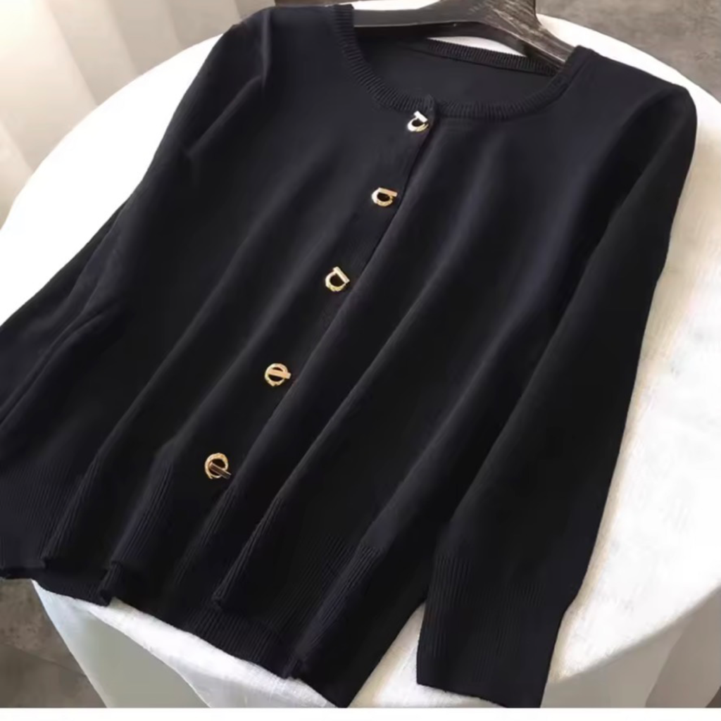 Gold Button Knit Cardigan – O-Neck Long Sleeve Sweater