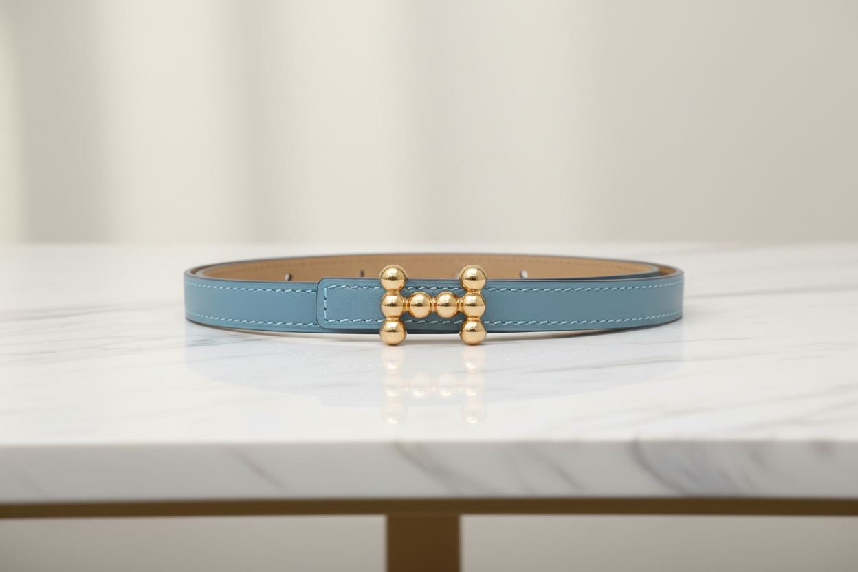 Hermès Bubble Reversible Belt 13mm Swift Epsom Blue Jean Biscuit Previously Owned Unused Authentic