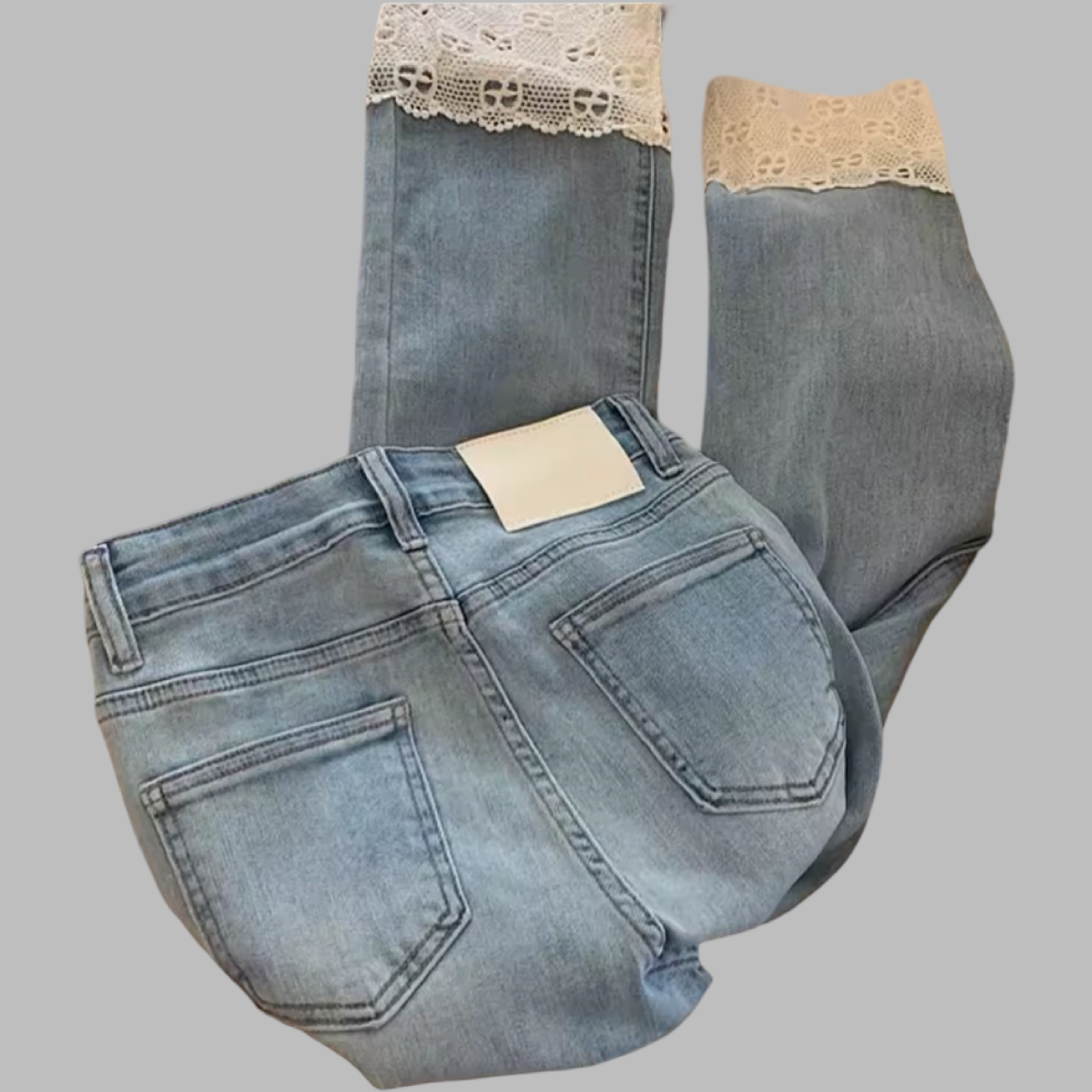 High Waist Light Wash Ankle-Length Lace Hemmed Cropped Straight Denim Jeans