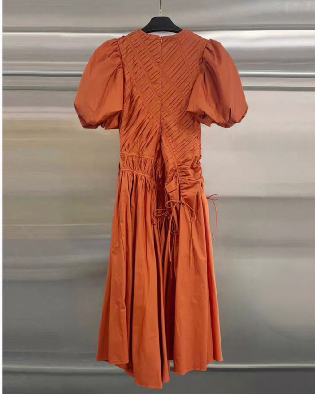 Sculpted Pleat Puff-Sleeve Asymmetric Midi Dress