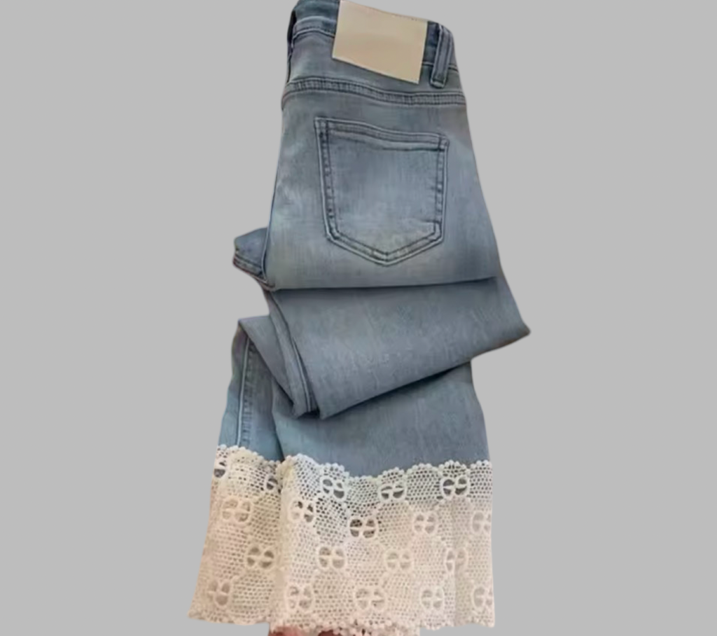 High Waist Light Wash Ankle-Length Lace Hemmed Cropped Straight Denim Jeans