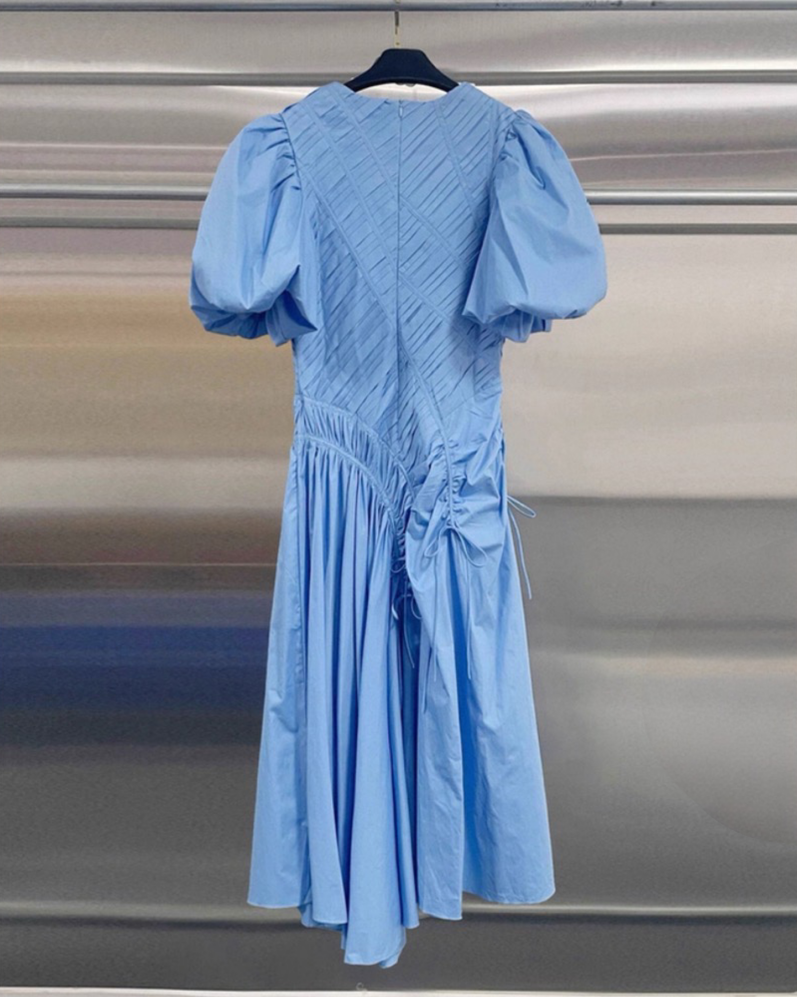 Sculpted Pleat Puff-Sleeve Asymmetric Midi Dress