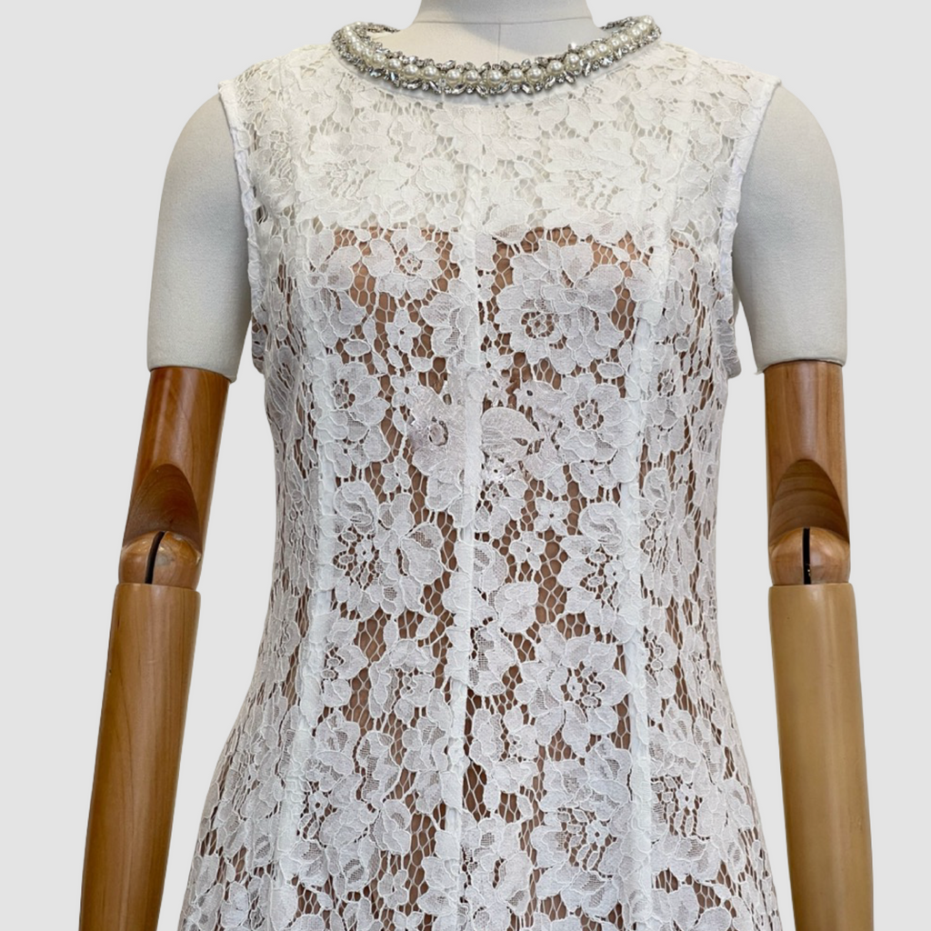 Lace Patchwork Pearl Midi Dress