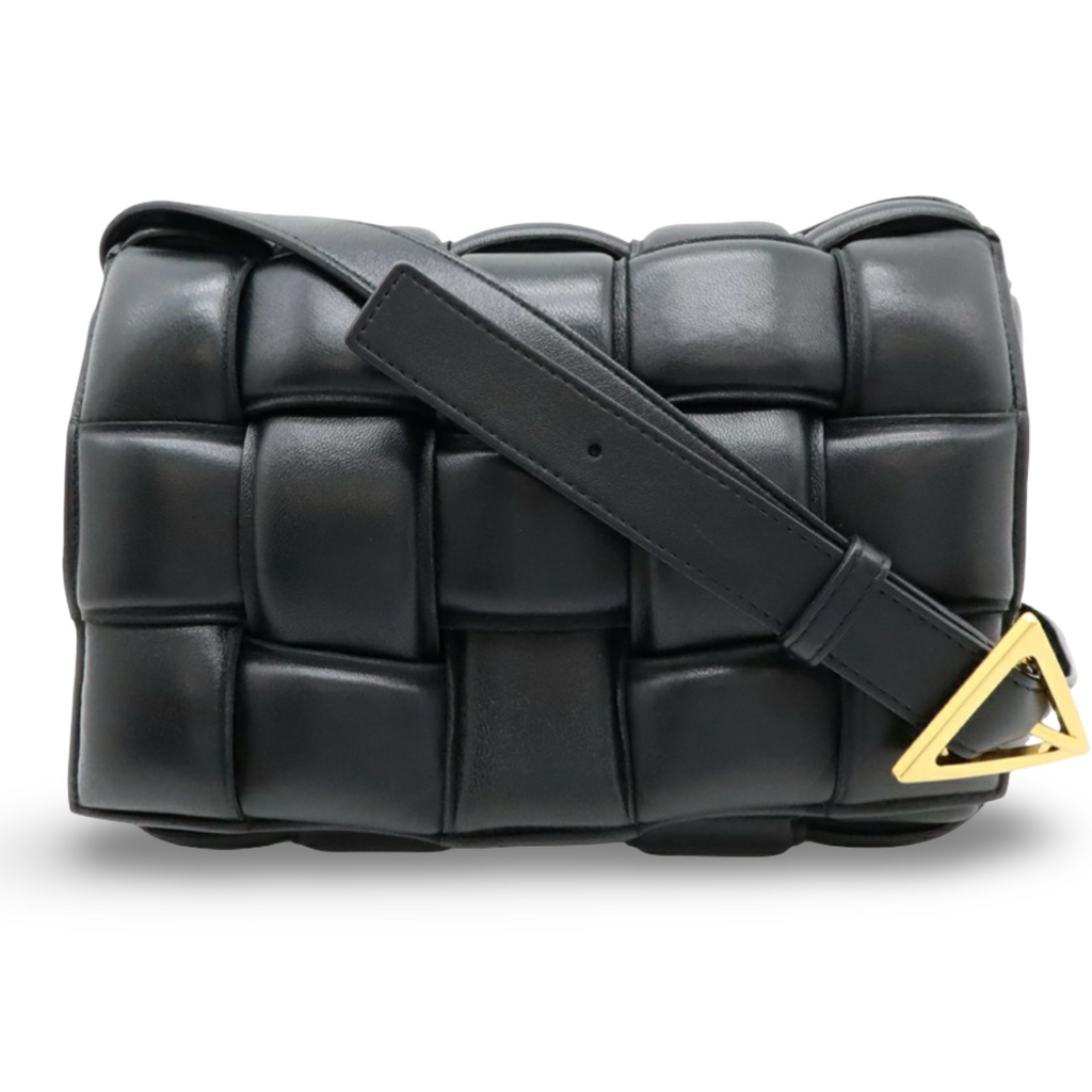 Bottega Veneta Maxi Padded Cassette Intrecciato Leather Shoulder Bag Black Gold Hardware Pre-Owned Authentic