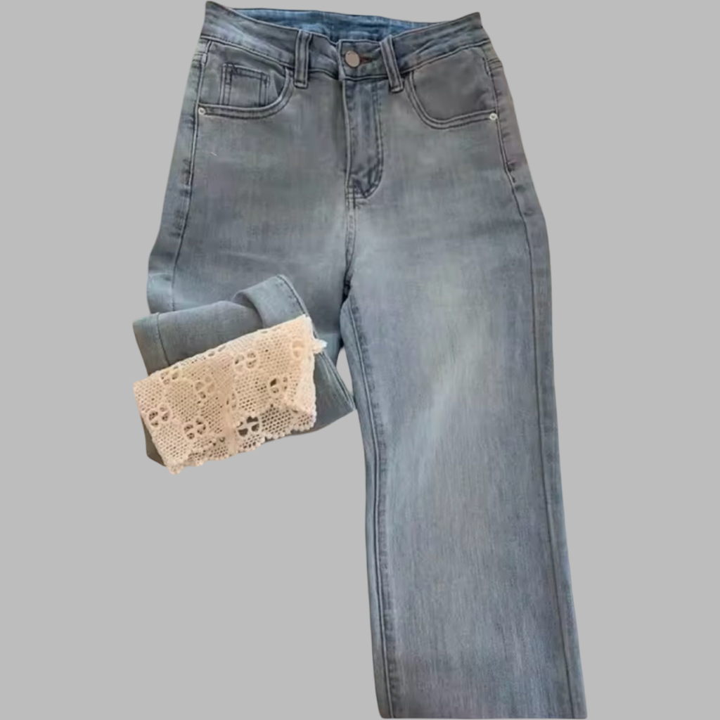 High Waist Light Wash Ankle-Length Lace Hemmed Cropped Straight Denim Jeans