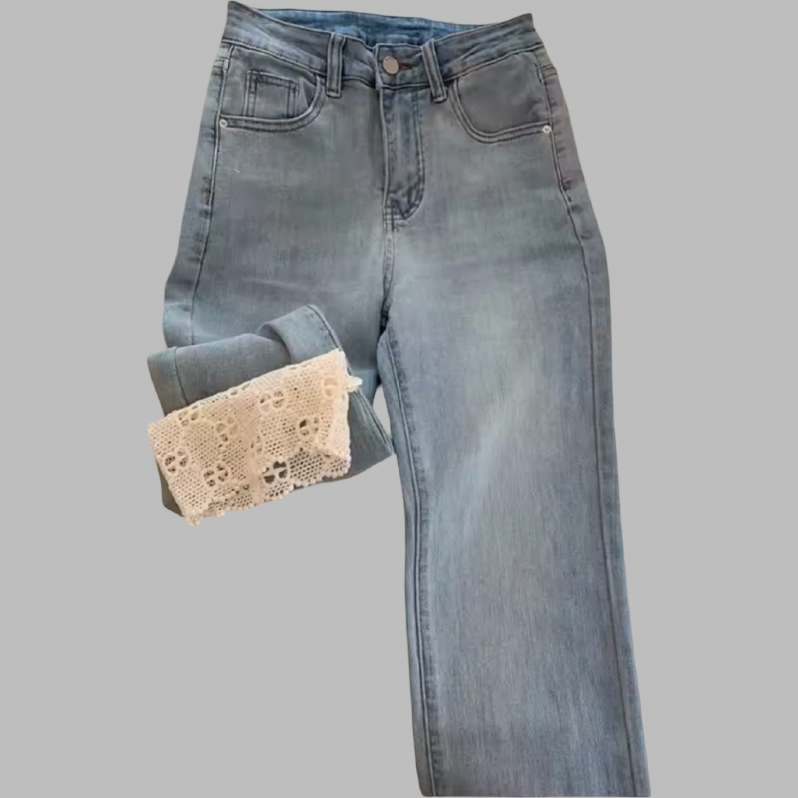 High Waist Light Wash Ankle-Length Lace Hemmed Cropped Straight Denim Jeans