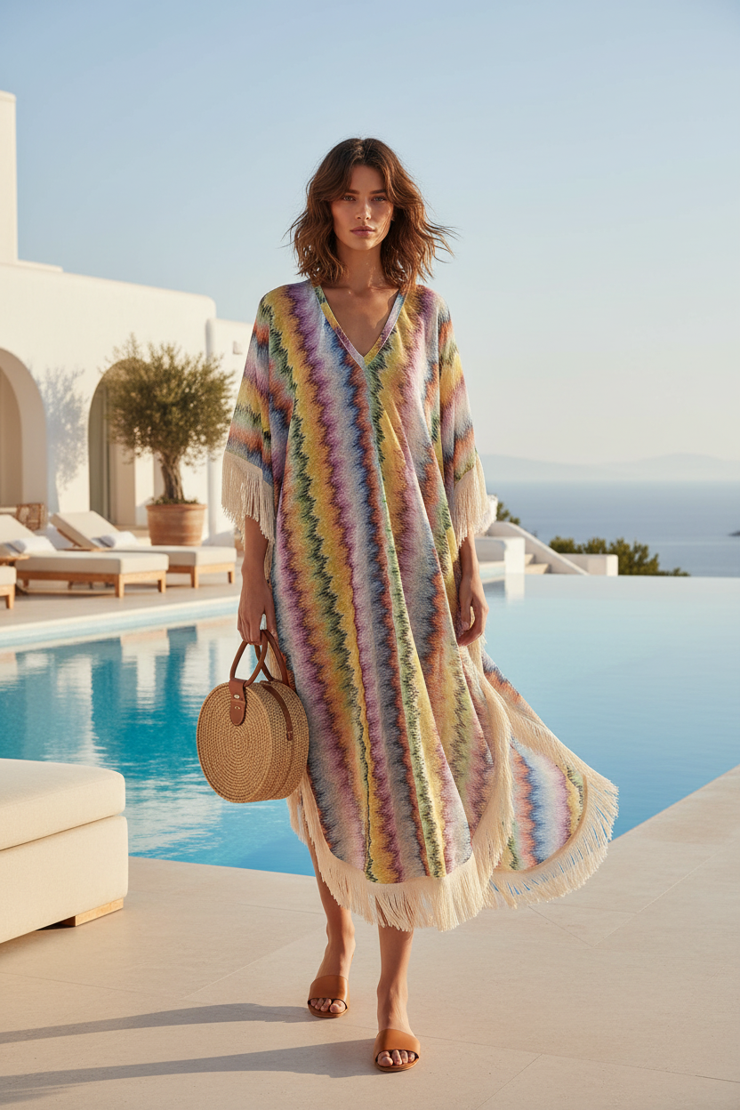 Bohemian Wave Print Tassel Caftan