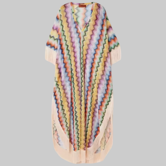 Bohemian Wave Print Tassel Maxi – V-Neck Irregular Beach Caftan – One | L’LUXE Resort-Wear