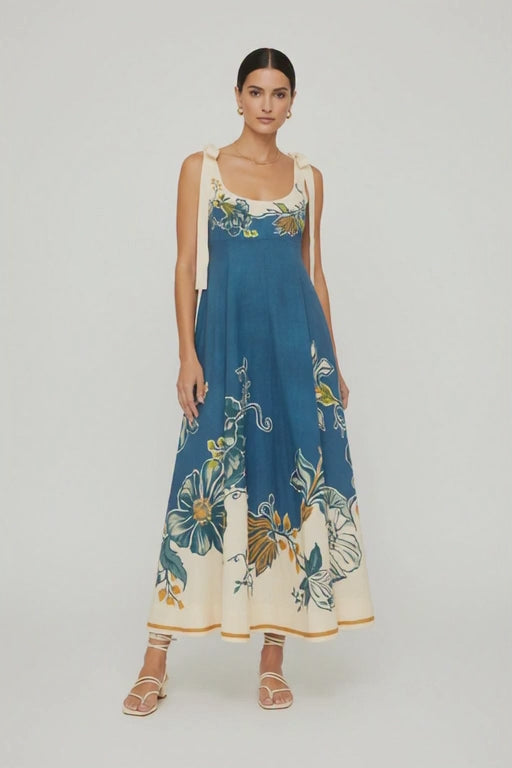 Blue Ballet Floral Sleeveless Midi Dress