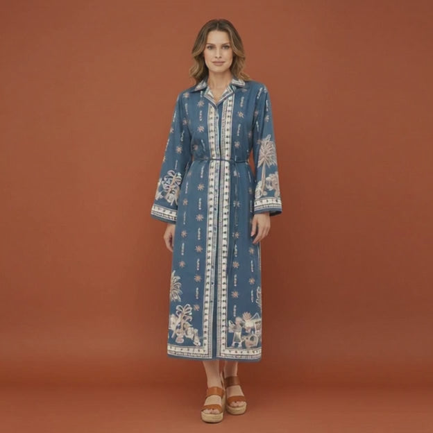 Blue Linen Long Sleeve Midi Dress
