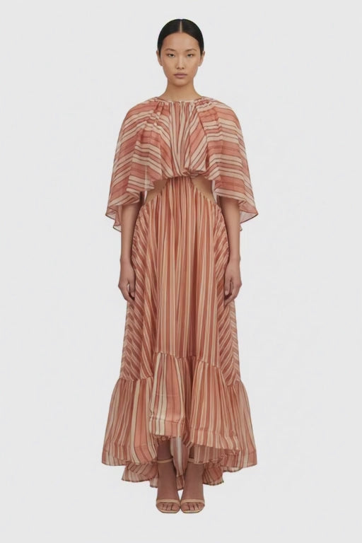 Elegant Red Stripe Cape-Overlay Maxi Dress with Lace-Up Back & Side Cut-Outs | Viscose-Lined | Spring/Summer