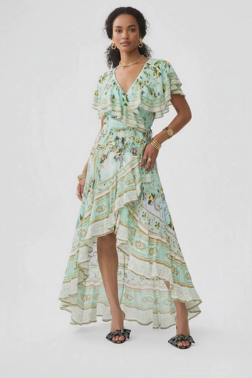 Green Floral 100% Silk Wrap Midi Dress