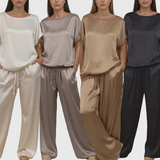 Women’s Satin Two Piece Set – Relaxed Top & Wide Leg Pants | Elegant Summer Outfit