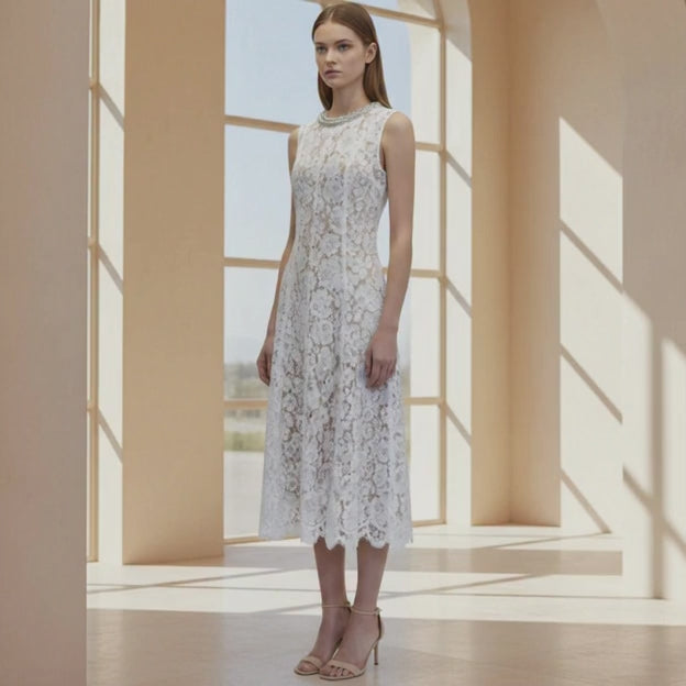 Lace Patchwork Pearl Midi Dress