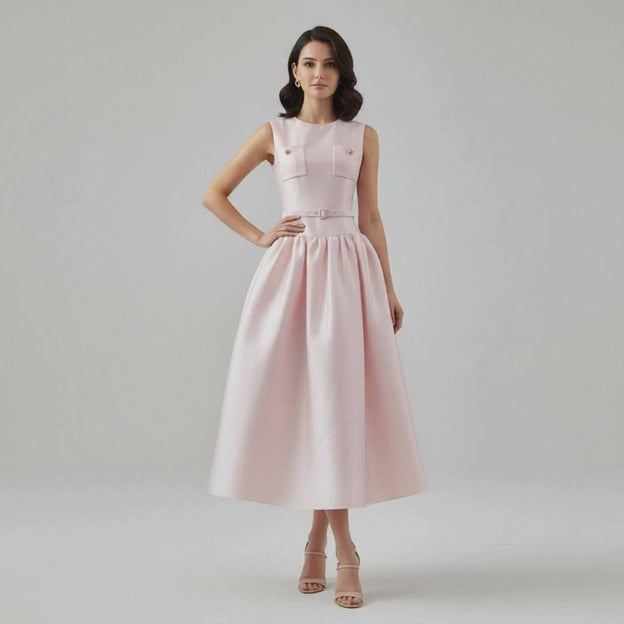 Pink Slimming Waist Belted Midi Dress