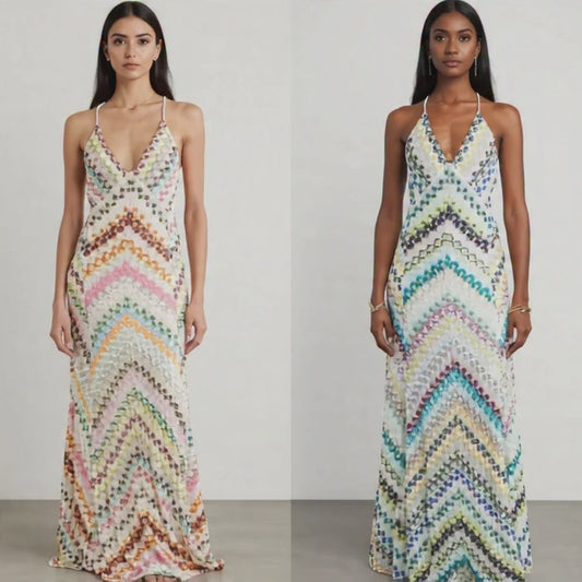 Boho Crochet Maxi Dress - Colorful Zigzag Print - Backless Deep V - Summer Resort wear