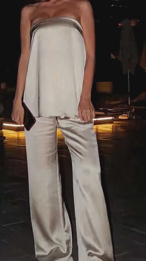 Satin Off-Shoulder Top & High-Waist Trousers Set