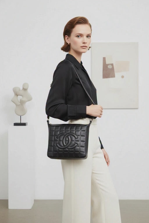 Chanel is CC Semi-Shoulder Bag Black Leather Gold Hardware Previously Owned Authentic