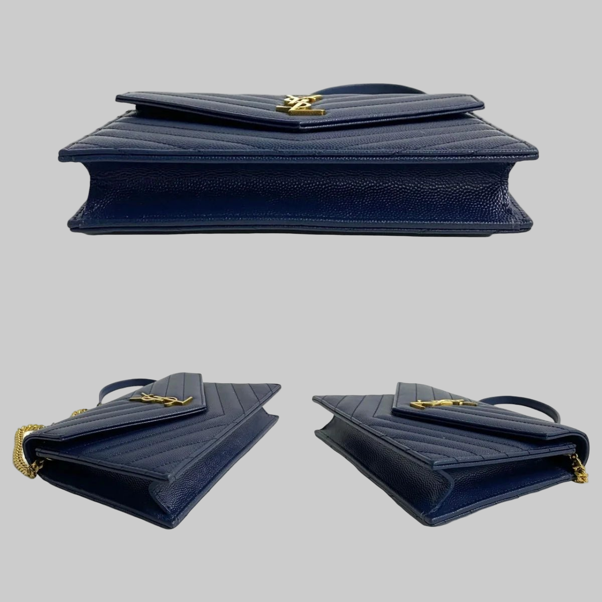 SAINT LAURENT – Envelope Wallet on Chain – Navy Leather with Gold YSL Logo – Italy – 100% Authentic Previously Owned Very Good Condition ~38% Off MSRP