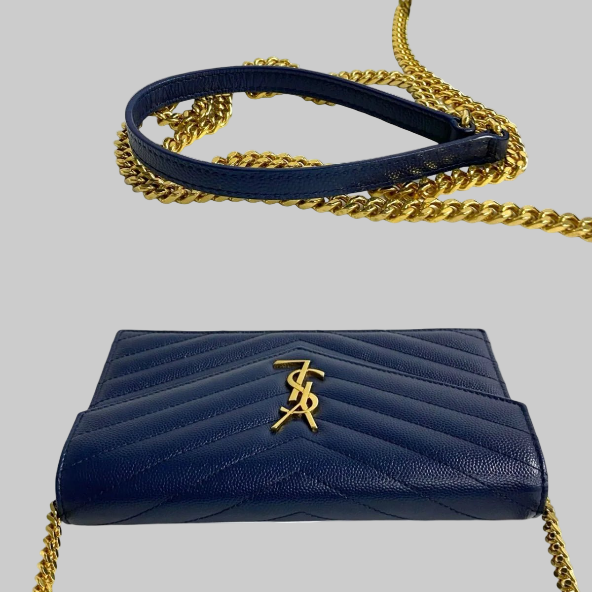 SAINT LAURENT – Envelope Wallet on Chain – Navy Leather with Gold YSL Logo – Italy – 100% Authentic Previously Owned Very Good Condition ~38% Off MSRP