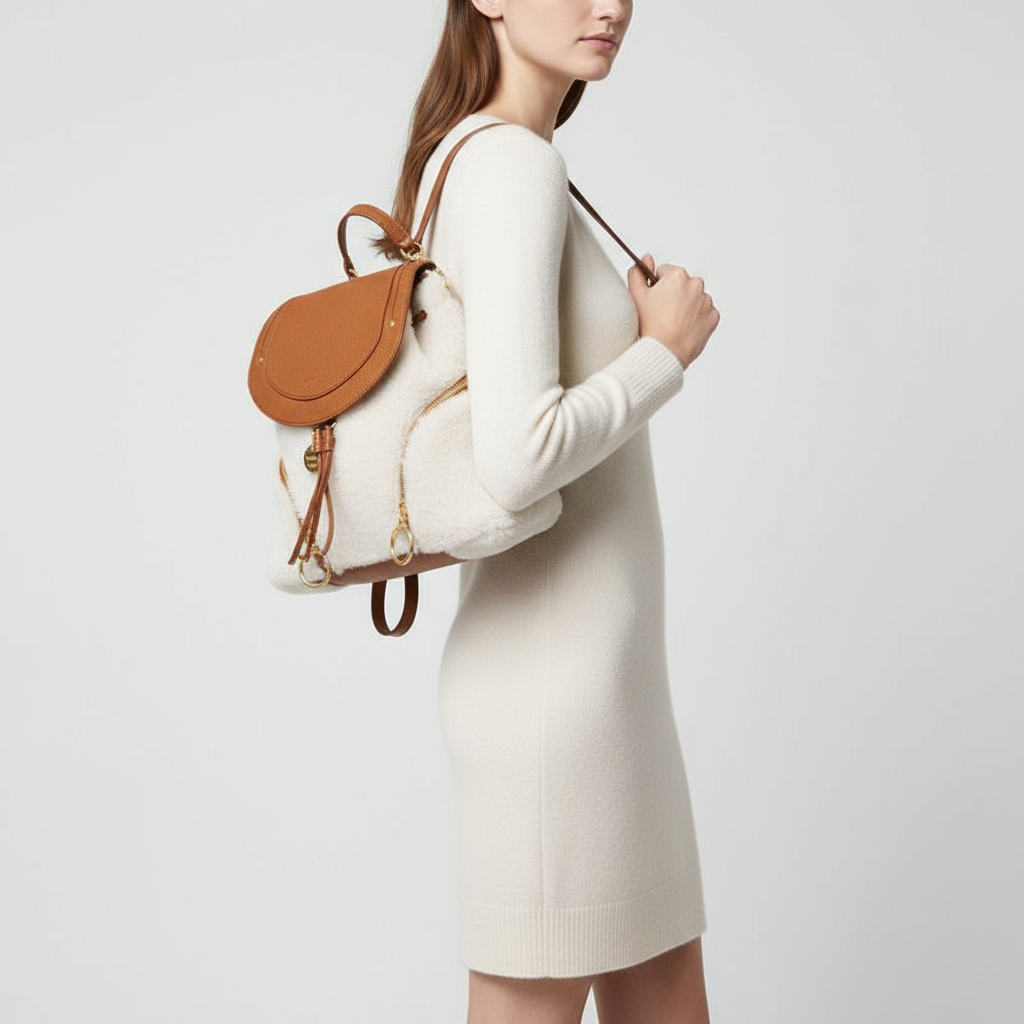 SEE BY CHLOÉ – Olga Backpack – White × Brown Mouton &amp; Leather – 100% Authentic Excellent; Very Minor Signs of Use ,Previously -Owned Excellent Condition&nbsp;~46% Off MSRP